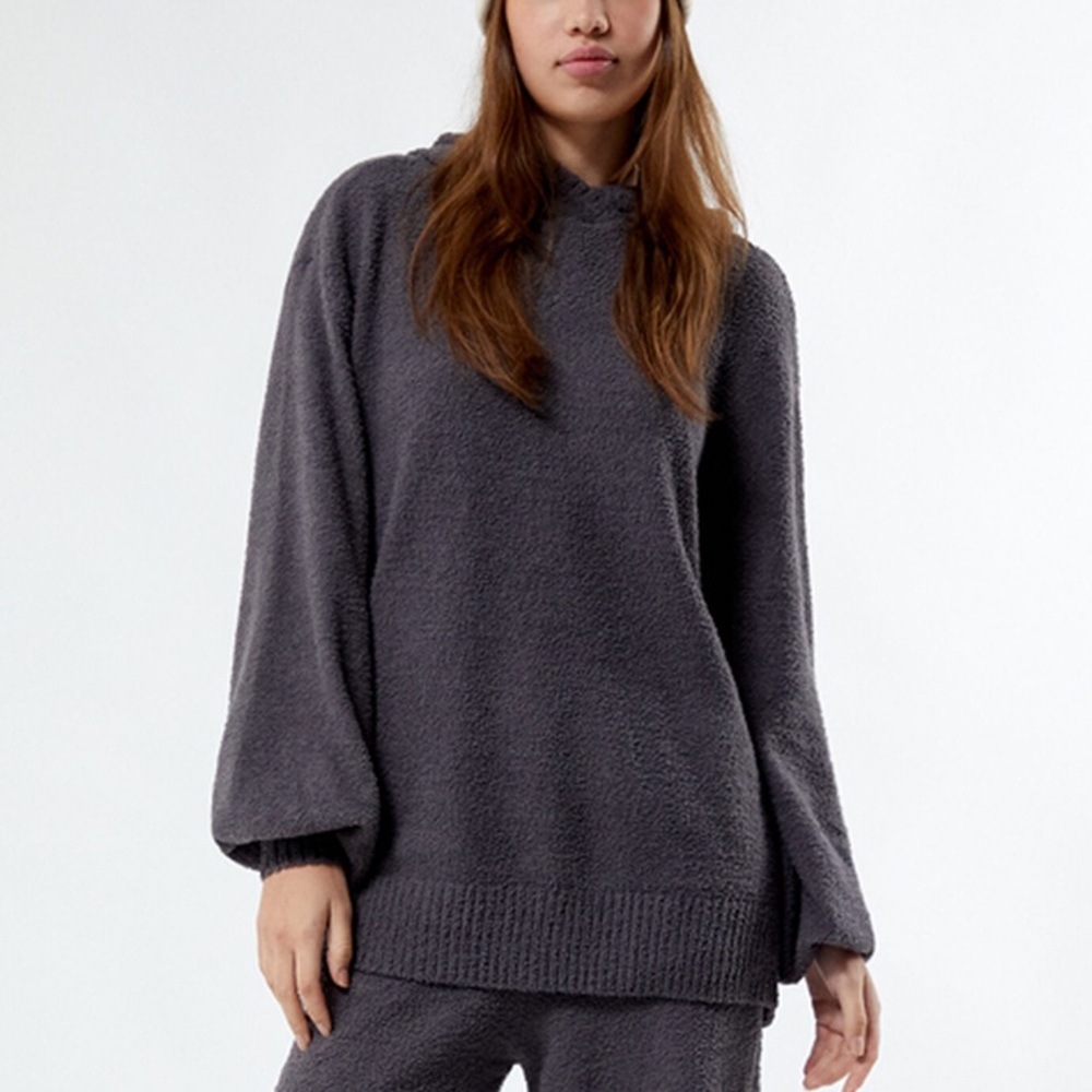 WEWOREWHAT Oversized Knit Hoodie Gray Boucle Textured Balloon Sleeve Sz S/M